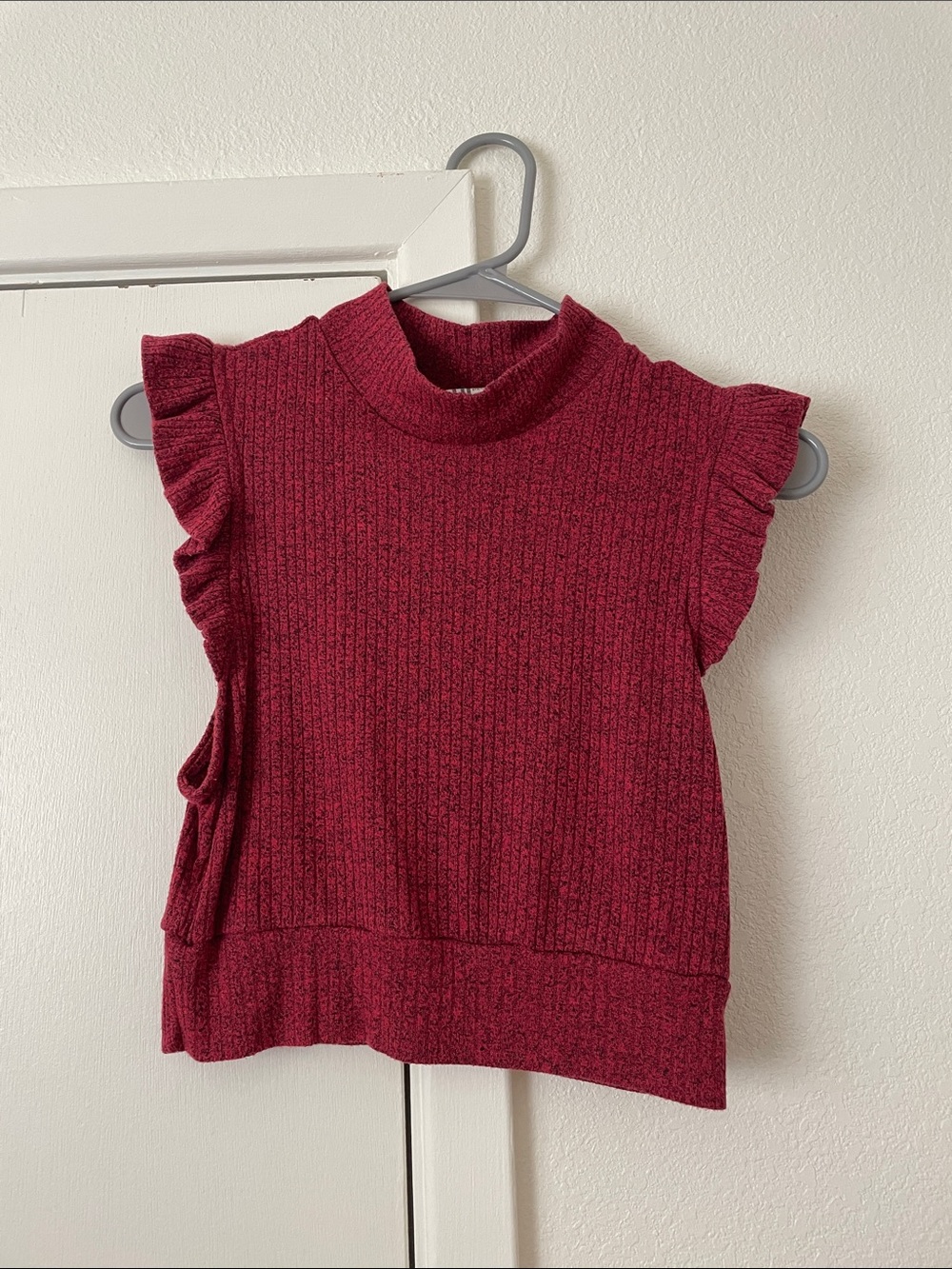 Free People Burgundy Ribbed Ruffle Sleeve Crop Top